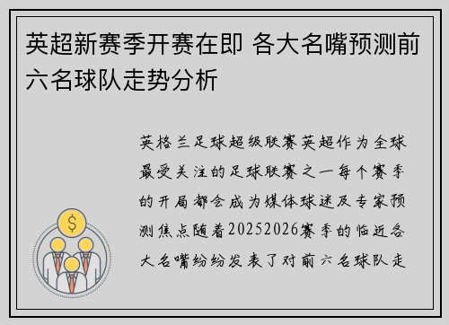 英超新赛季开赛在即 各大名嘴预测前六名球队走势分析