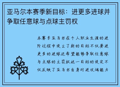 亚马尔本赛季新目标：进更多进球并争取任意球与点球主罚权