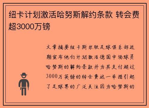 纽卡计划激活哈努斯解约条款 转会费超3000万镑