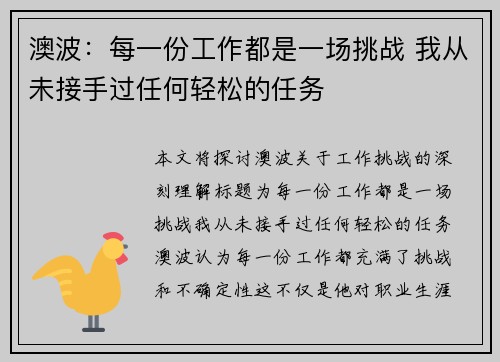 澳波：每一份工作都是一场挑战 我从未接手过任何轻松的任务